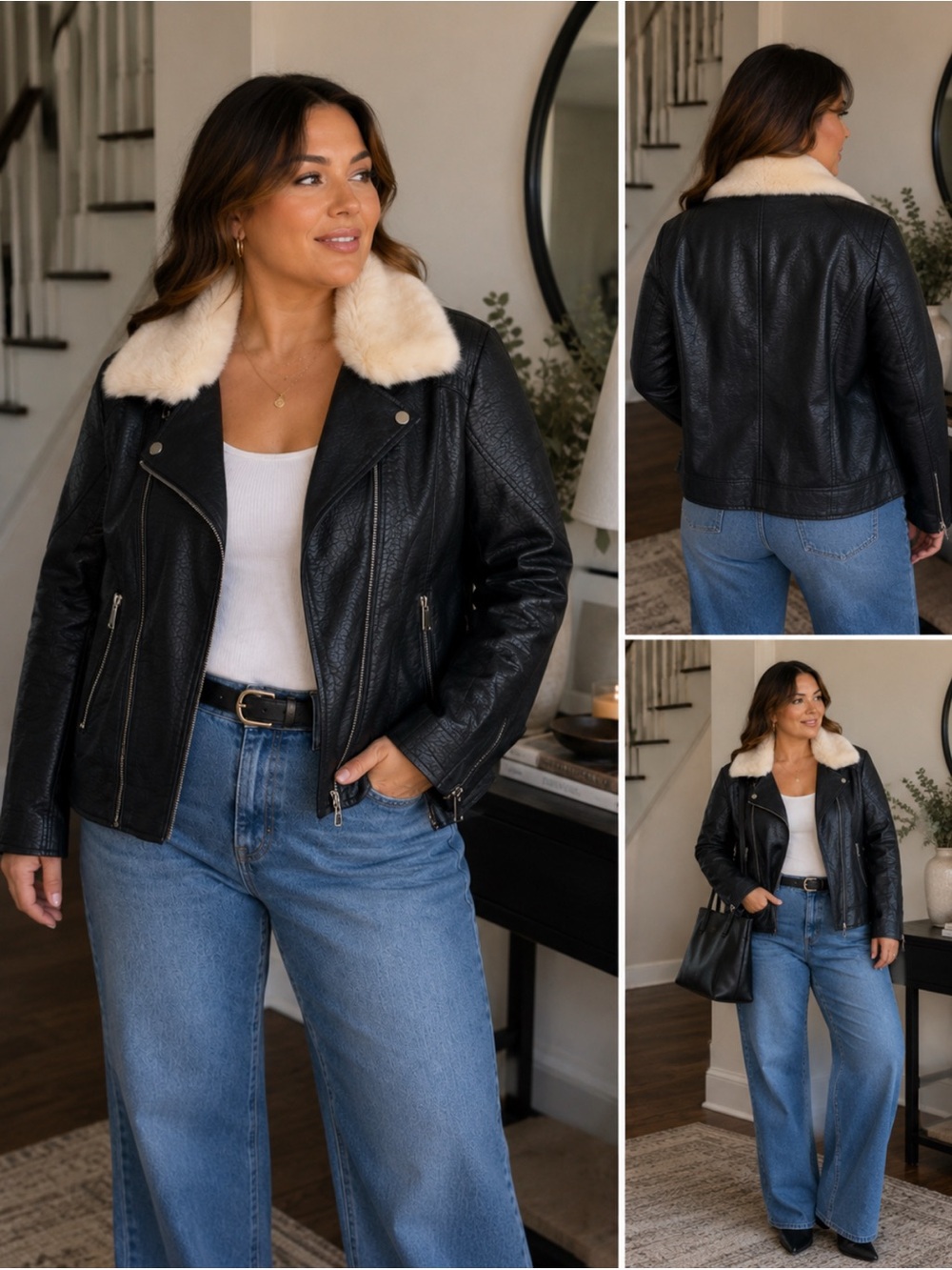 French Connection Navy Faux-Leather Moto Jacket with Cream Faux-Fur Collar